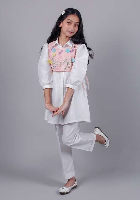 Ivory Embroidery Cotton Kurta Set For Girls