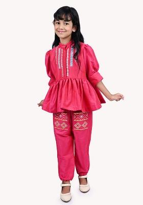 Hot Pink Embroidery Cotton Kurta Set For Girls