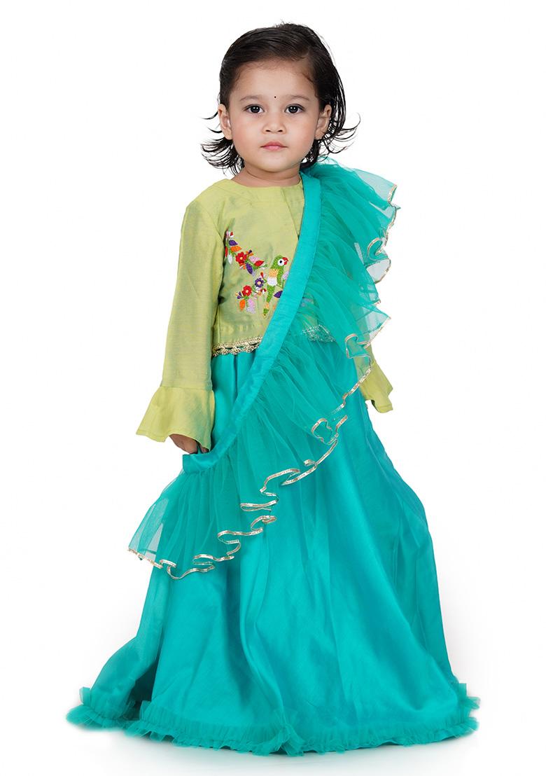 Lime Green Embroidery Cotton Lehenga Set For Girls