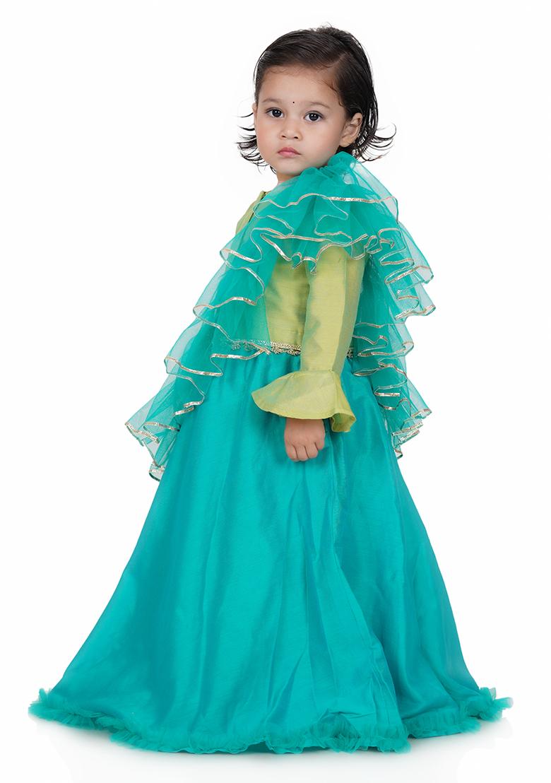 Lime Green Embroidery Cotton Lehenga Set For Girls