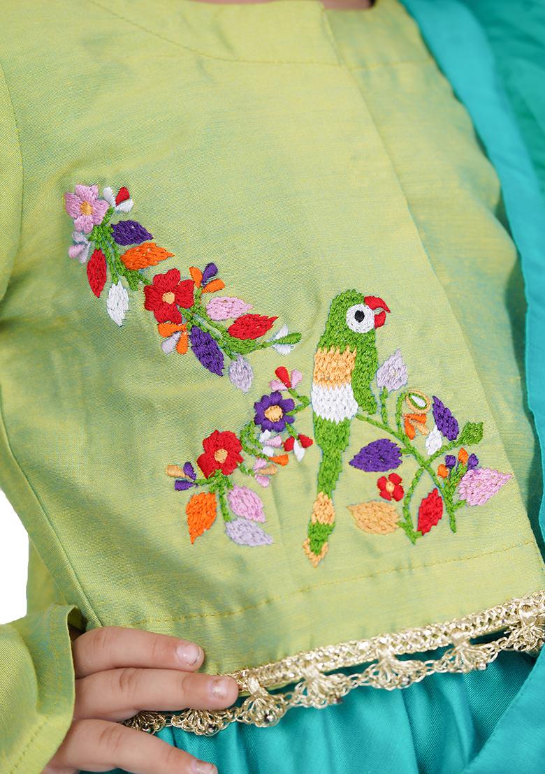 Lime Green Embroidery Cotton Lehenga Set For Girls
