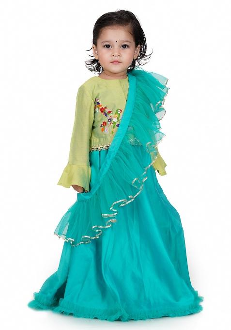 Lime Green Embroidery Cotton Lehenga Set For Girls