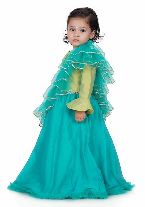 Lime Green Embroidery Cotton Lehenga Set For Girls