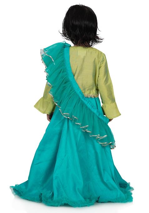 Lime Green Embroidery Cotton Lehenga Set For Girls