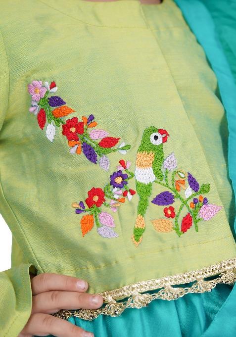 Lime Green Embroidery Cotton Lehenga Set For Girls