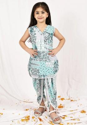 Turquoise Floral Cotton Blend Kurta Set For Girls