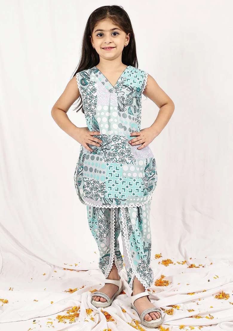 Turquoise Floral Cotton Blend Kurta Set For Girls - Indya
