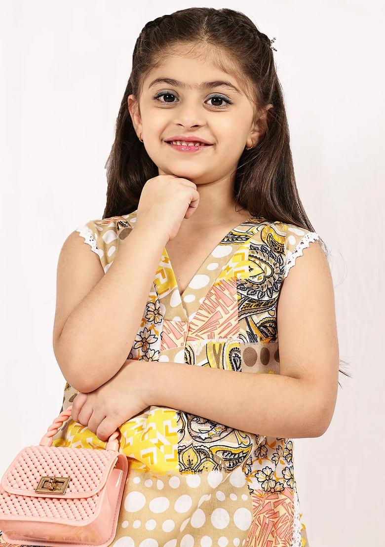 Yellow Floral Cotton Blend Kurta Set For Girls