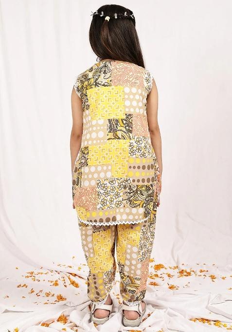 Yellow Floral Cotton Blend Kurta Set For Girls