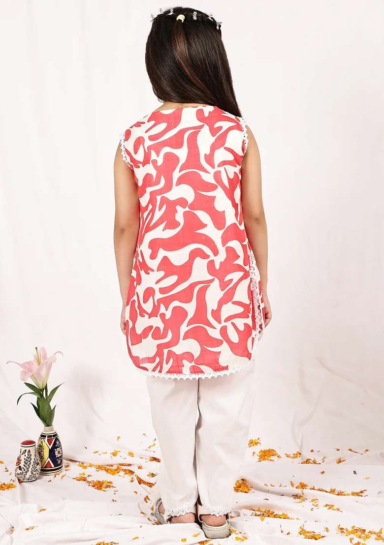 Orange Abstract Cotton Blend Kurta Set For Girls - Indya