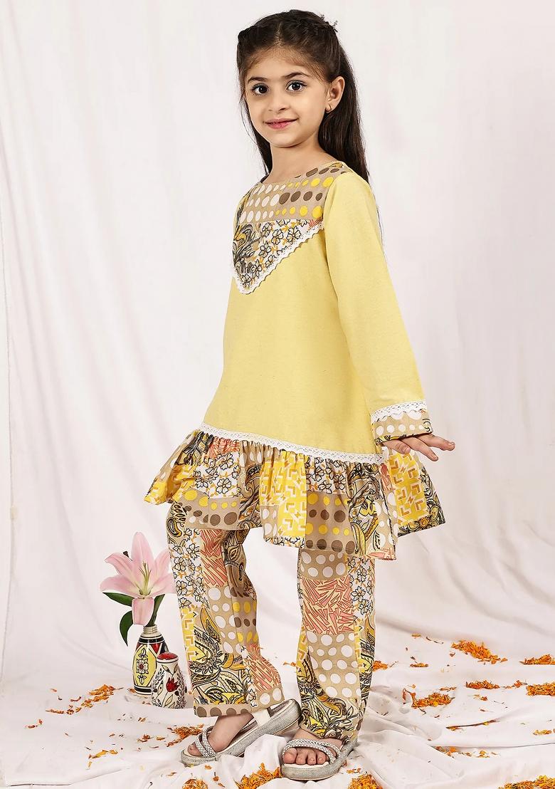 Yellow Floral Cotton Blend Kurta Set For Girls