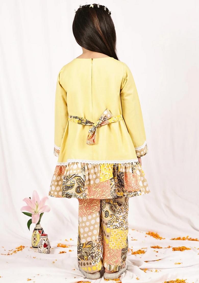 Yellow Floral Cotton Blend Kurta Set For Girls