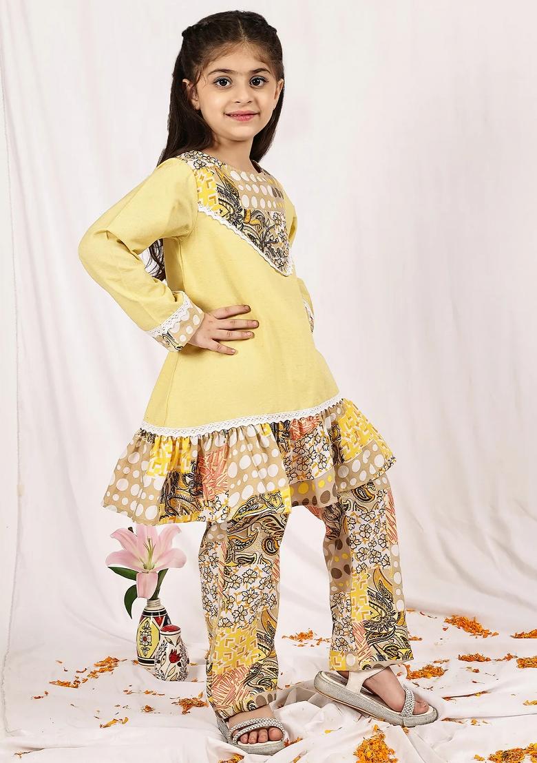 Yellow Floral Cotton Blend Kurta Set For Girls