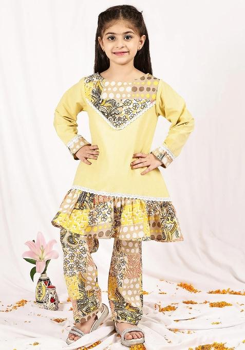 Yellow Floral Cotton Blend Kurta Set For Girls