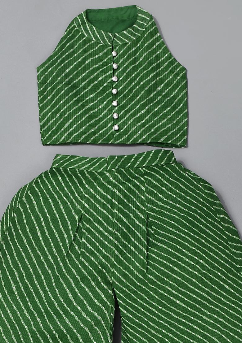 Girls Green Leheriya Top Palazzo Set - Indya