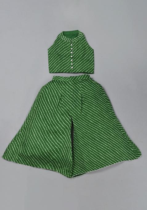 Girls Green Leheriya Top Palazzo Set