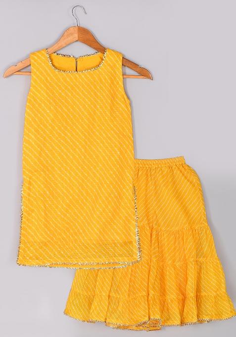Girls Yellow Leheriya Kurta Gharara Set