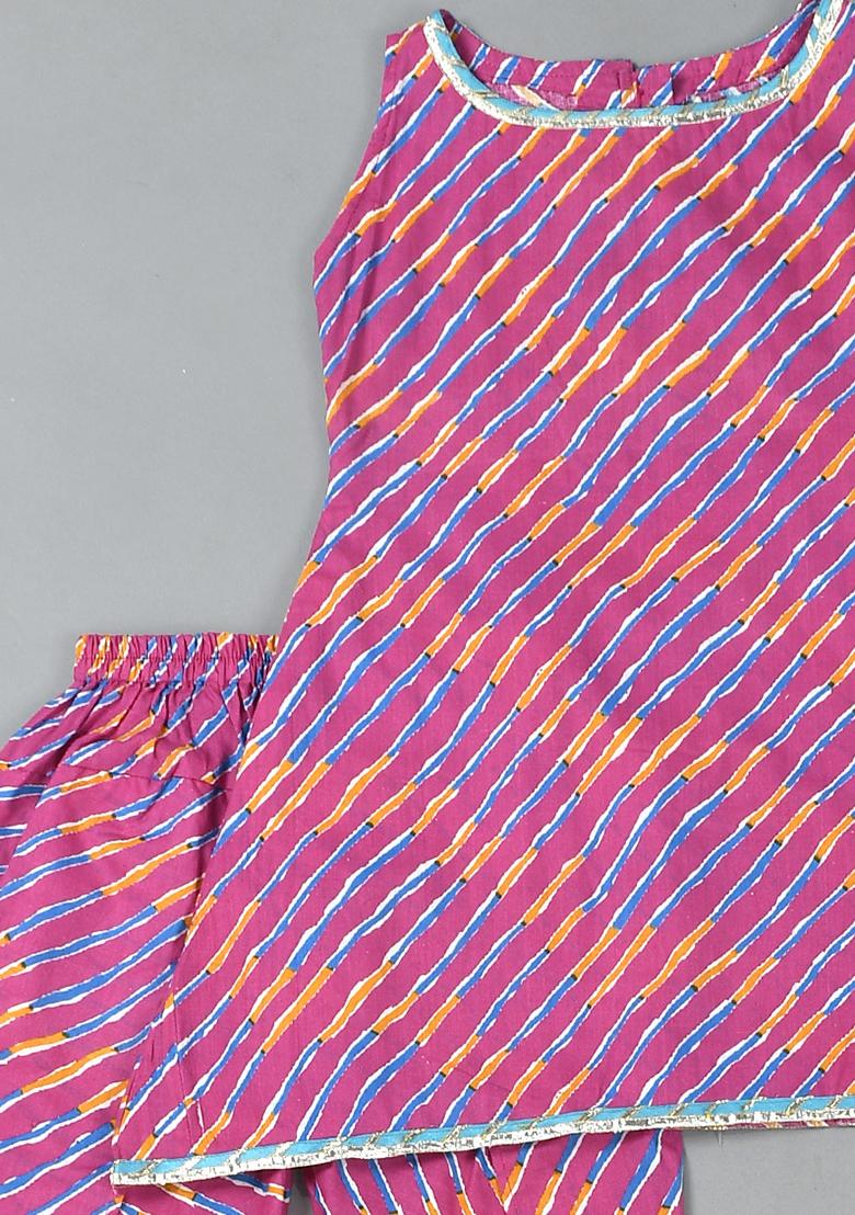 Girls Magenta Leheriya Kurta Dhoti Set - Indya