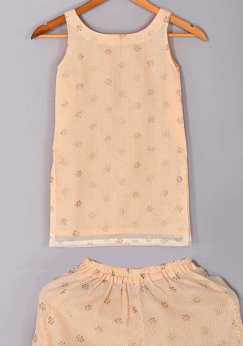 Girls Beige Floral Sharara Kurta Set - Indya