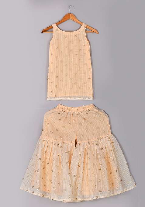Girls Beige Floral Sharara Kurta Set