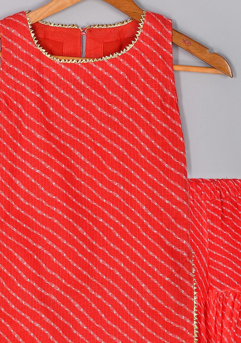 Girls Red Leheriya Kurta Gharara Set - Indya