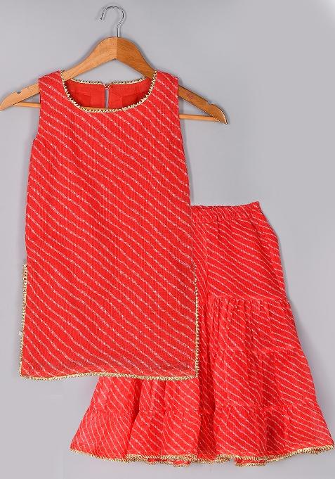 Girls Red Leheriya Kurta Gharara Set — view on Indya