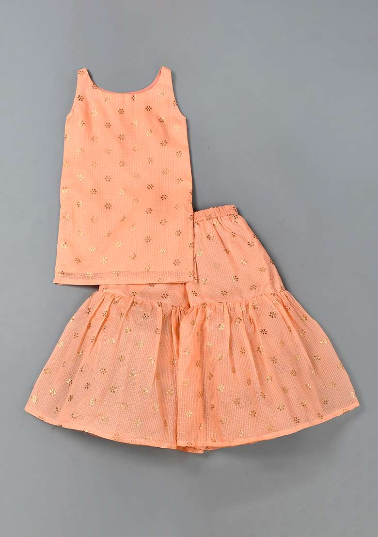 Girls Peach Kurta Sharara Set - Indya