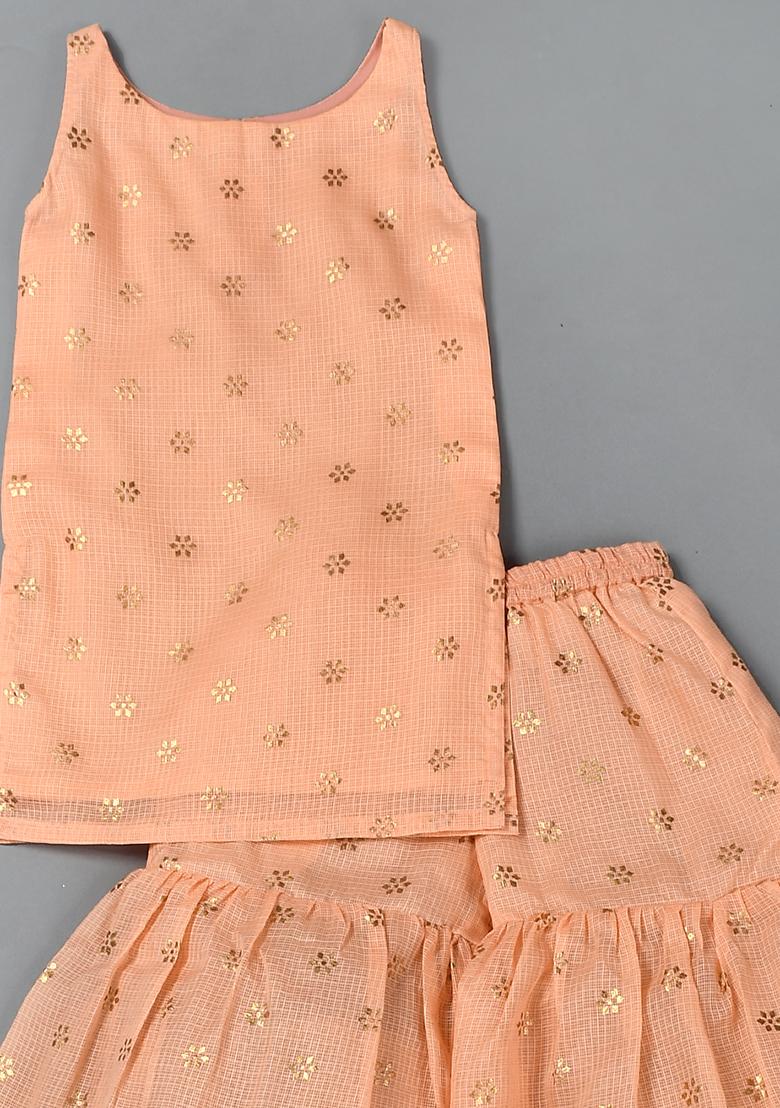 Girls Peach Kurta Sharara Set - Indya