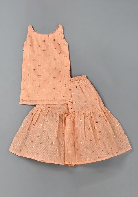 Girls Peach Kurta Sharara Set — view on Indya