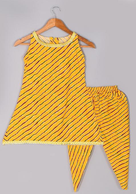 Girls Yellow Leheriya Kurta Dhoti Set
