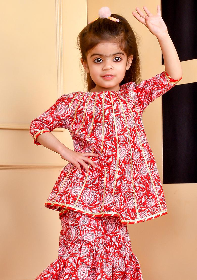 Girls Red Block Print A Line Kurta Gharara Set - Indya
