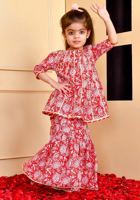 Girls Red Block Print A Line Kurta Gharara Set — view on Indya