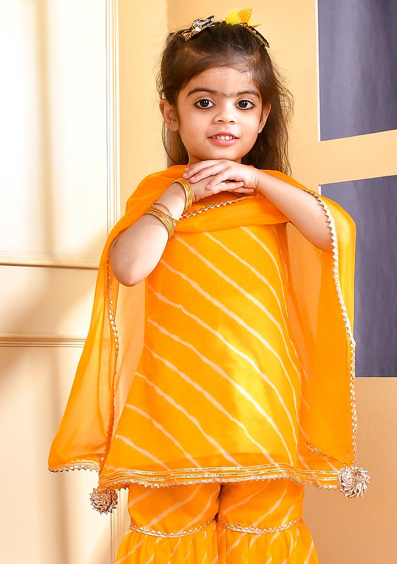 Girls Yellow Leheriya Kurta Sharara Set - Indya