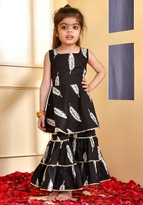 Girls Black Leaf Peplum Kurta Gharara Set