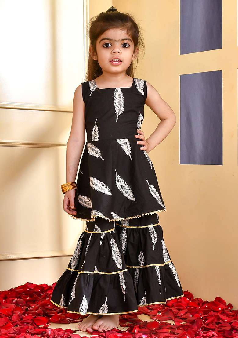 Girls Black Leaf Peplum Kurta Gharara Set - Indya
