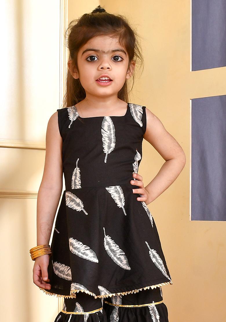Girls Black Leaf Peplum Kurta Gharara Set - Indya