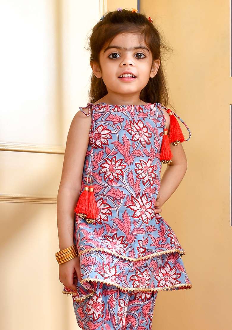 Girls Floral Block Print Kurti and Dhoti Set - Indya