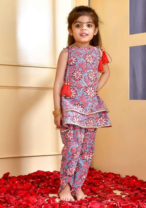 Girls Floral Block Print Kurti and Dhoti Set