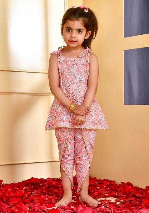 Girls Peach Block Print Kurta Dhoti Set
