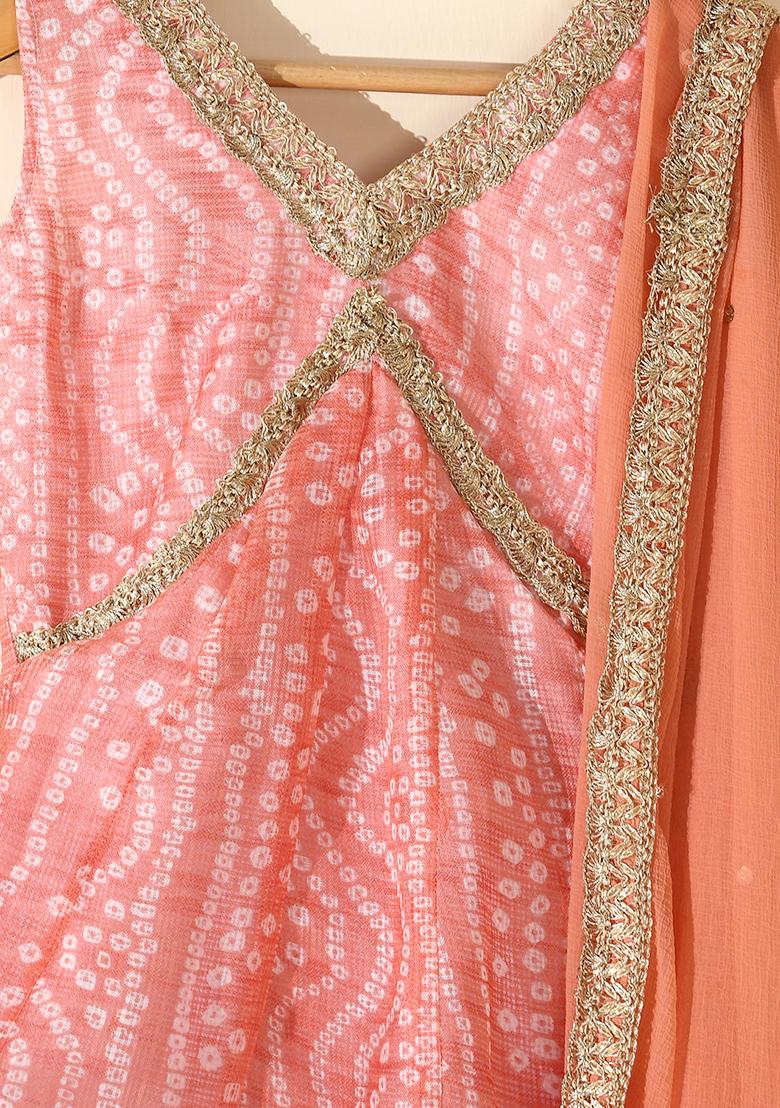 Girls Peach Bandhani Anarkali Set With Dupatta - Indya