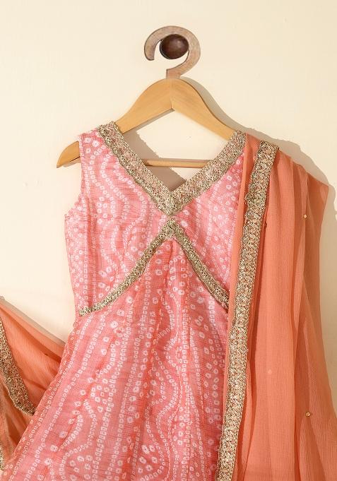 Girls Peach Bandhani Anarkali Set With Dupatta