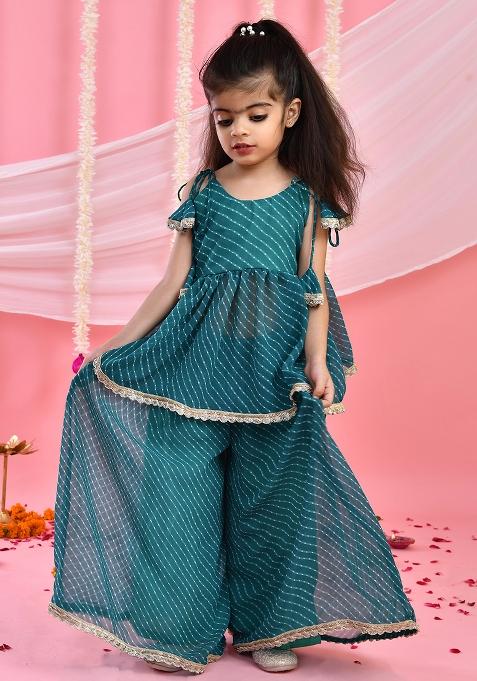 Girls Teal Grreen Peplum Kurta Palazzo Set — view on Indya