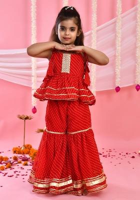 Girls Red Peplum Kurta Sharara Set
