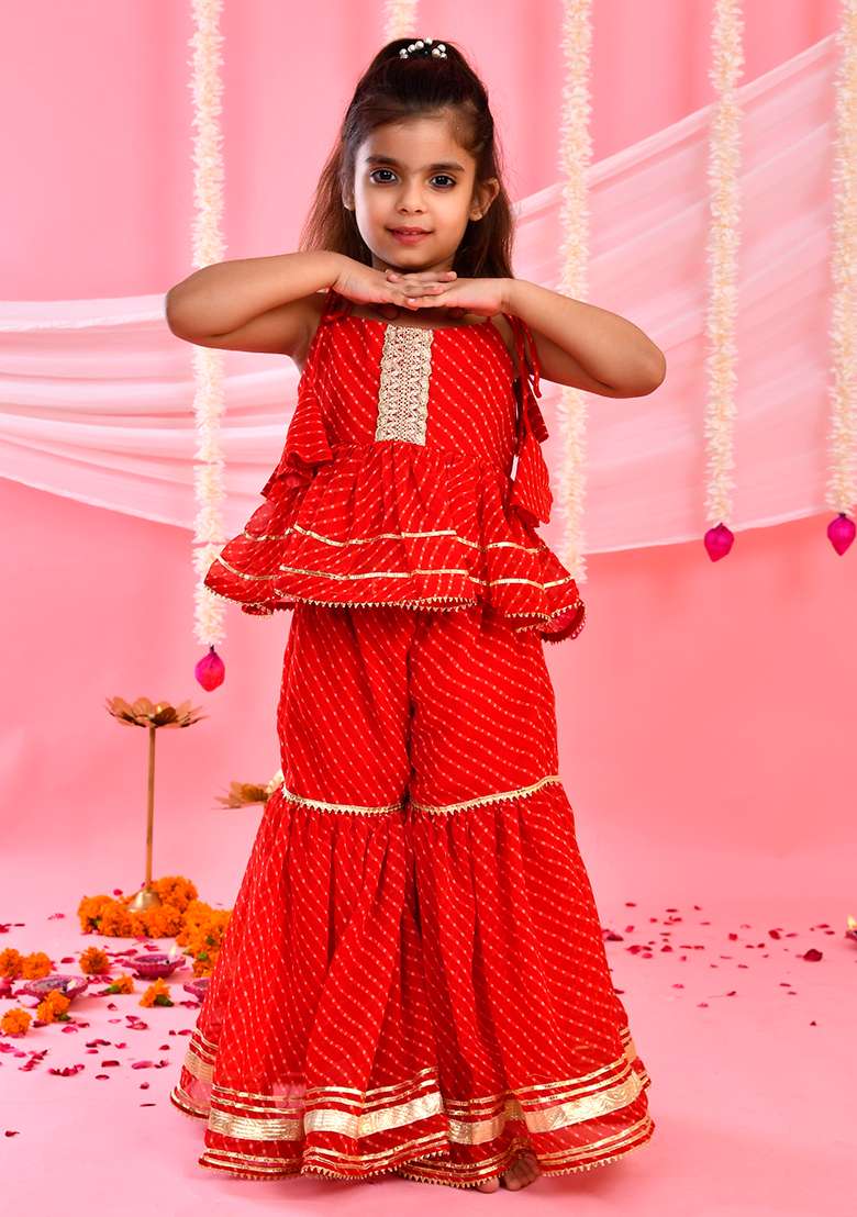 Girls Red Peplum Kurta Sharara Set - Indya