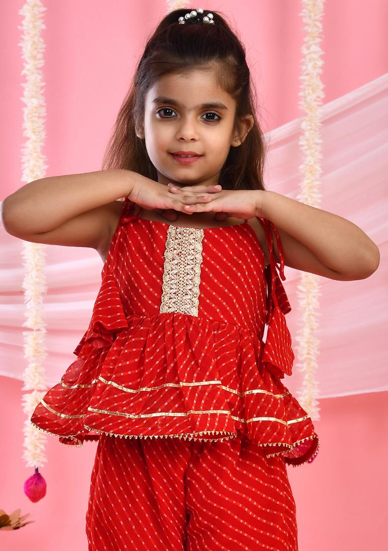 Girls Red Peplum Kurta Sharara Set - Indya