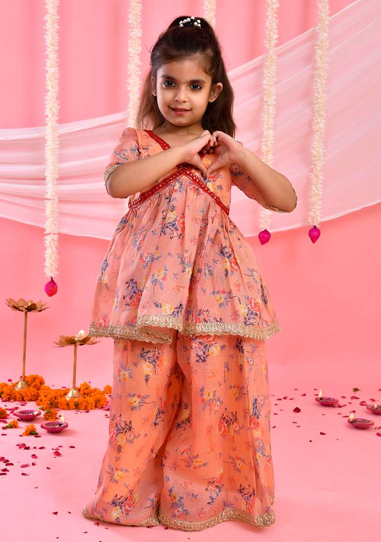 Girls Peach Floral Kurta with Flared Palazzo Set - Indya