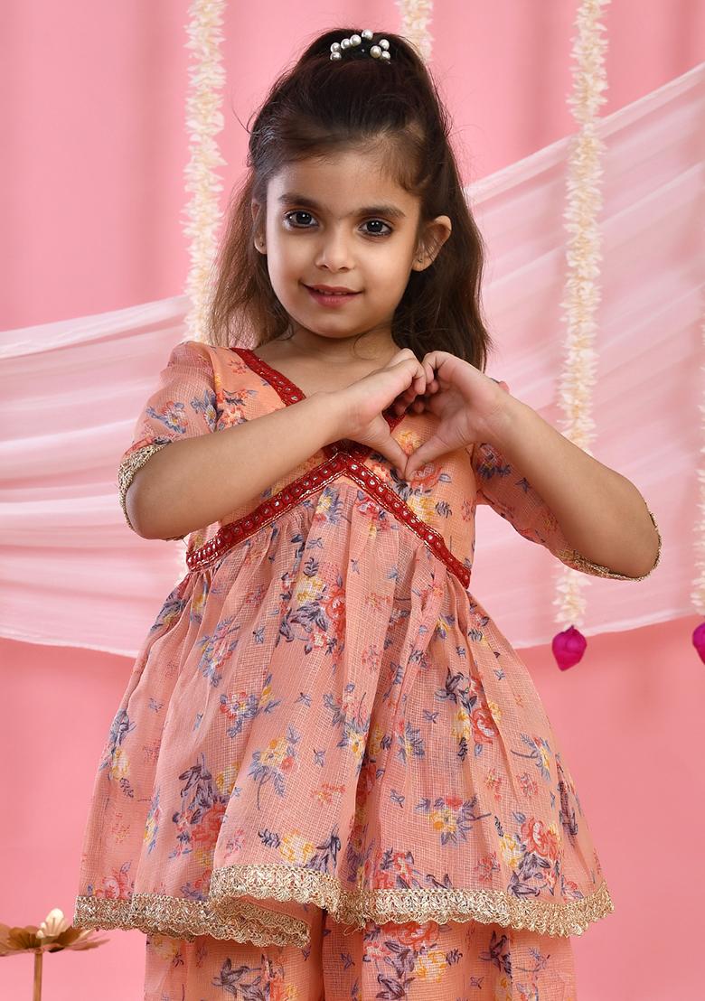 Girls Peach Floral Kurta with Flared Palazzo Set - Indya