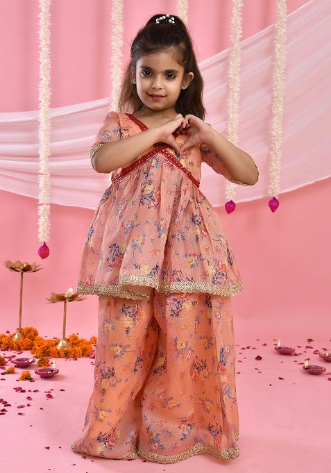 Girls Peach Floral Kurta with Flared Palazzo Set — view on Indya