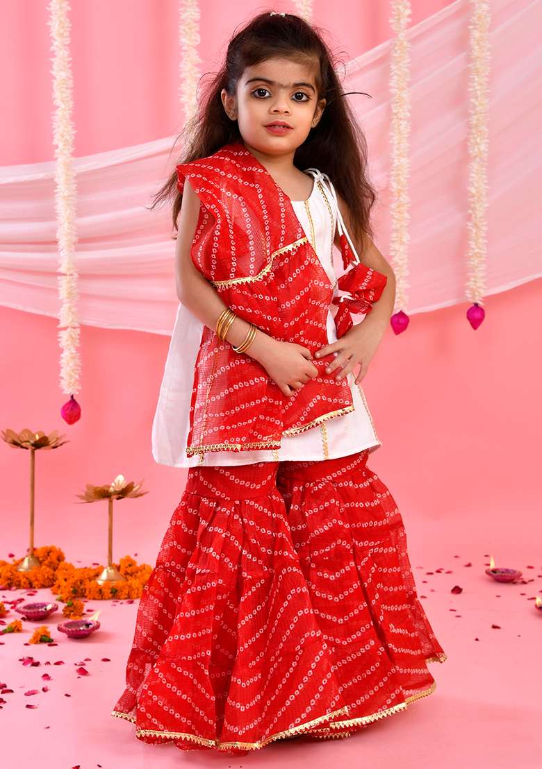 Girls White and Red Kurta Sharara Set With Dupatta - Indya