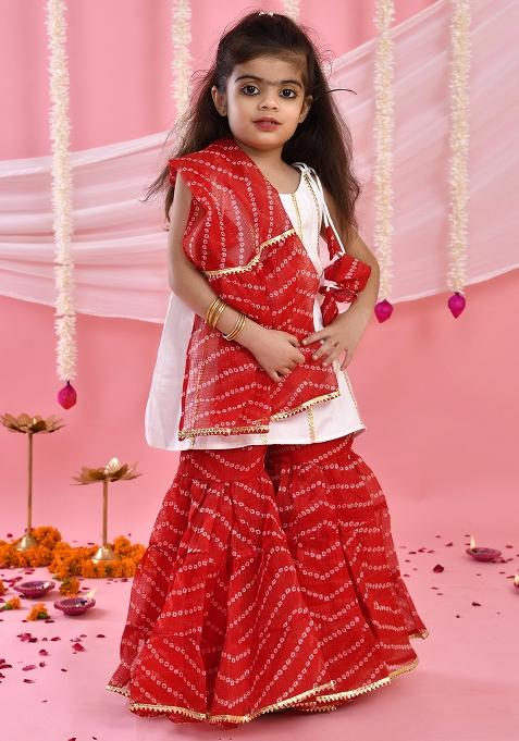 Girls White and Red Kurta Sharara Set With Dupatta — view on Indya